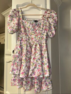 Forever 21 White Floral Mini Dress with Pink, Green and Purple Print size M